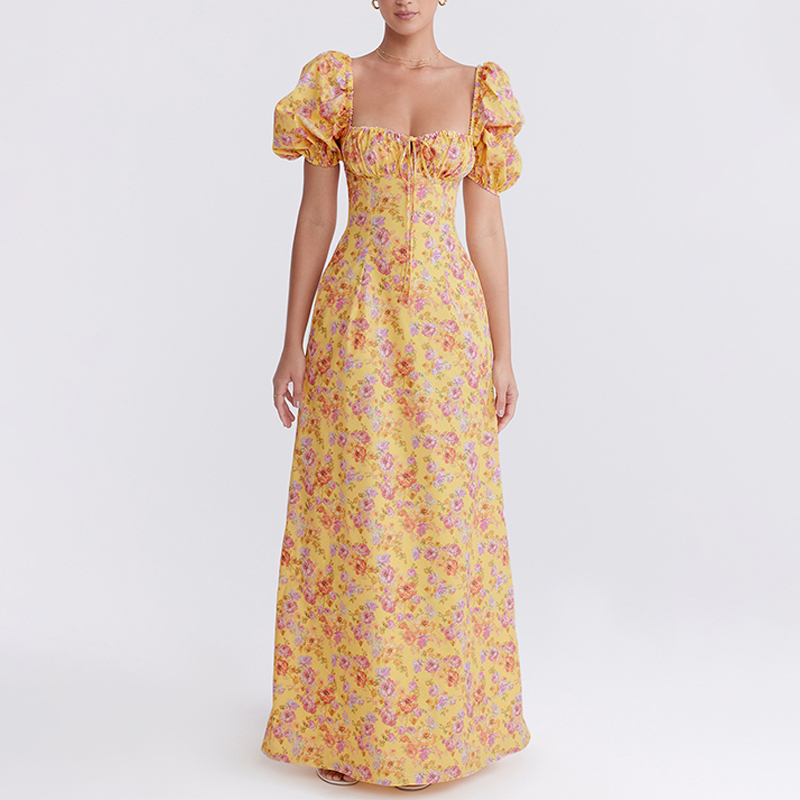 Manufacturer  Floral Print Straight Female Evening Party Puff Sleeve Elegant Casual Maxi Women Summer Long Sundresses