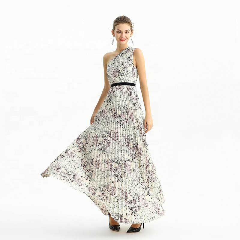 D202 High Quality Fashion Elegant One Shoulder Vintage Print Pleated Maxi Long Women Formal Evening Casual Dress