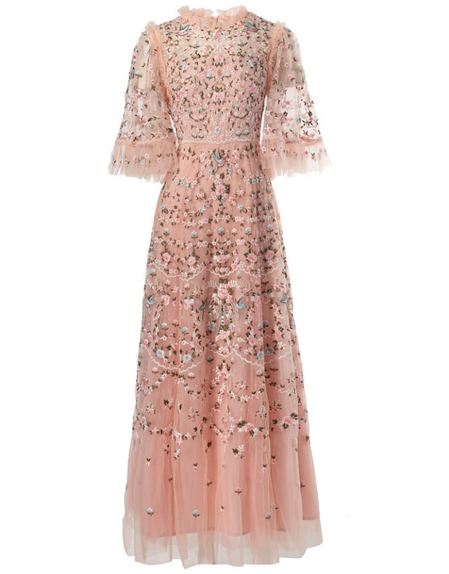 4xl 3xl 2xl Long Evening Dress 2024 Summer Women Allover Luxurious Embroidery Flare Sleeve Black Grey Apricot Maxi Long Dress