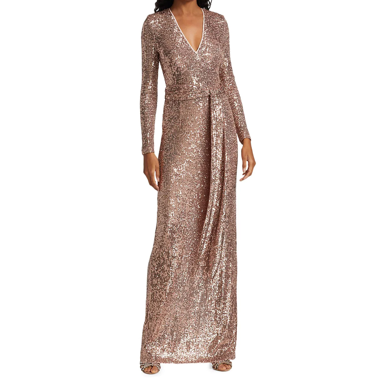 Luxury Sexy Evening Dress V Neck Long Sleeve Slit Belted Slim Fit 2021 Bridal Gowns Elegant Sequin Beach Wedding Guest Party