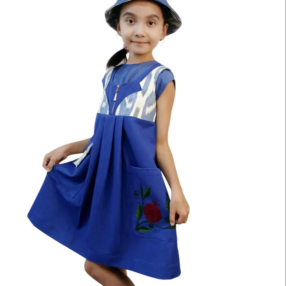 Handmade Designer Children's Set Girls Exclusive Ethnic Embroidery Sundress Asymmetrical Pockets Adras Fabric Inserts Combined