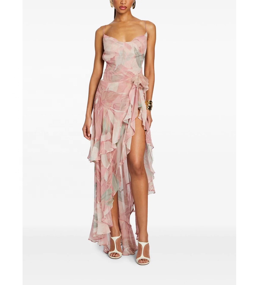 Asymmetry Cowl Neck Floral Printed Ruffled Silk Sundress Midi Dress Women Dress