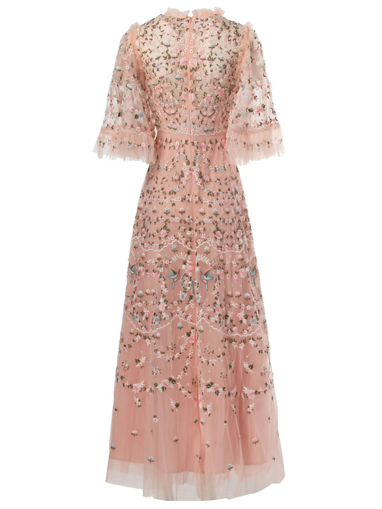 4xl 3xl 2xl Long Evening Dress 2024 Summer Women Allover Luxurious Embroidery Flare Sleeve Black Grey Apricot Maxi Long Dress