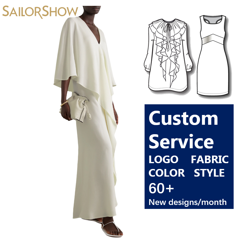 100% Silk Summer Women's Elegant Long Evening Dress V-Neck Elegant 3/4 Sleeve Drape Panel Maxi Ruffled Loose White  Plain