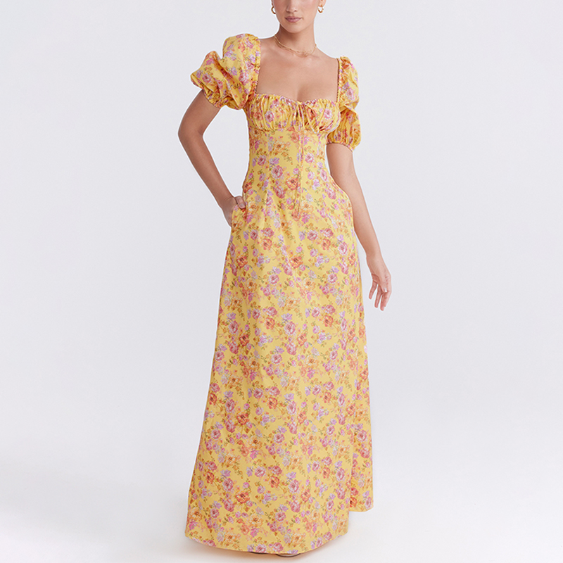 Manufacturer  Floral Print Straight Female Evening Party Puff Sleeve Elegant Casual Maxi Women Summer Long Sundresses