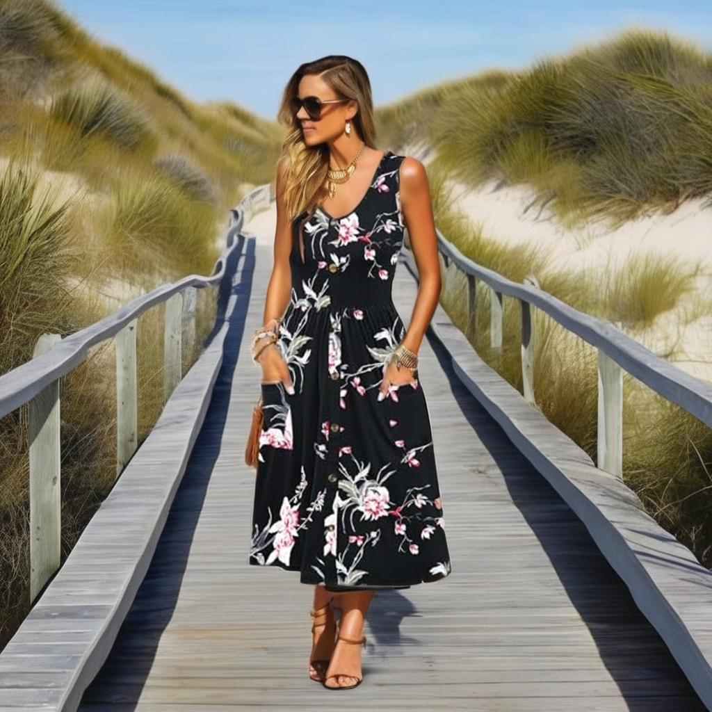 2025 Women's Casual Summer Midi Dress Sexy V Neck Print Sleeveless Sundress with Natural Waistline Washable Silk Screen Printing